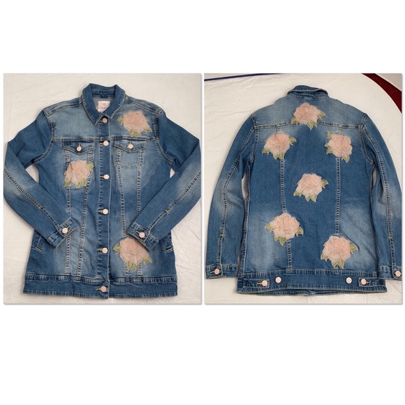 Lularoe Jaxon medium wash blue fitted denim jacket with pink roses - Picture 7 of 14